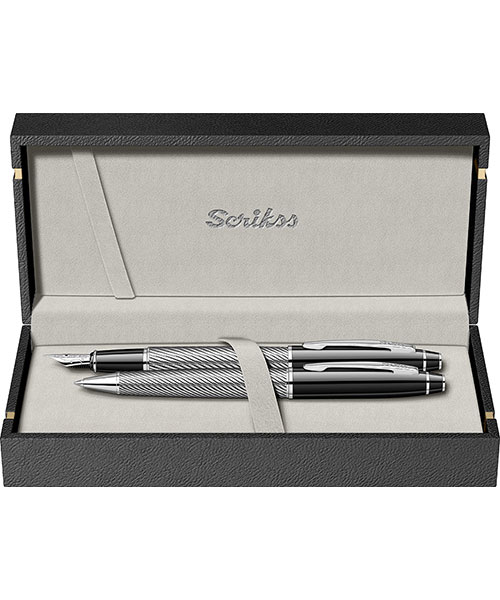 Scrikss 35C Dolma Kalem - Tükenmez Kalem İkili Set Siyah Krom