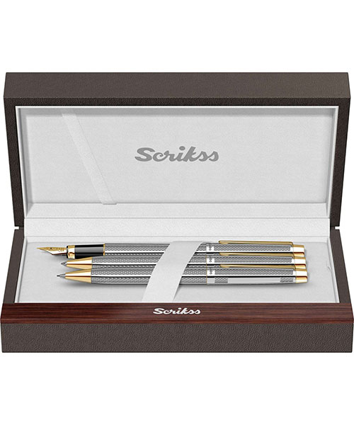 Scrikss 722W  Dolma Kalem - Tükenmez Kalem - Versatil Üçlü Set Gold Krom