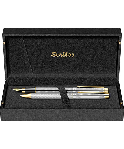 Scrikss 722W Dolma Kalem - Tükenmez Kalem İkili Set Gold Krom