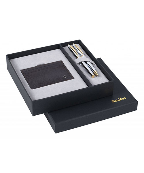 Scrikss Dr 216 35 Dolma Kalem - Tükenmez Kalem Gold Krom & Hakiki Deri Comfort Kredi Kartlık Kahve