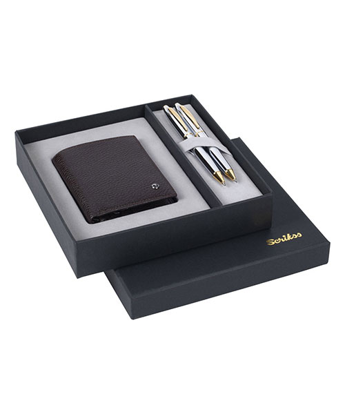 Scrikss Dr 222 35 Tükenmez Kalem - Versatil Gold Krom & Hakiki Deri Comfort Cüzdan Kahve