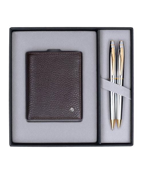 Scrikss Dr 222 35 Tükenmez Kalem - Versatil Gold Krom & Hakiki Deri Comfort Cüzdan Kahve