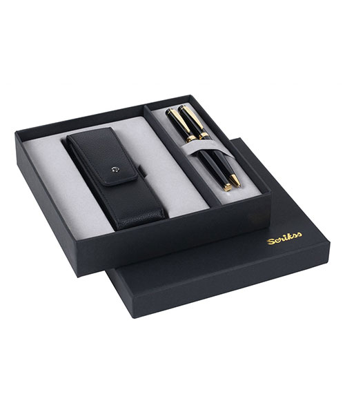 Scrikss Dr 246 38 Dolma Kalem - Tükenmez Siyah Altın & Kapaklı İkili Kalem Kılıfı Siyah