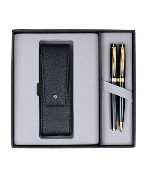Scrikss Dr 246 38 Dolma Kalem - Tükenmez Siyah Altın & Kapaklı İkili Kalem Kılıfı Siyah