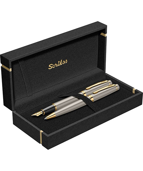 Scrikss Honour 38 Dolma Kalem - Tükenmez Kalem İkili Set Saten Altın