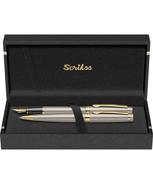 Scrikss Honour 38 Dolma Kalem - Tükenmez Kalem İkili Set Saten Altın