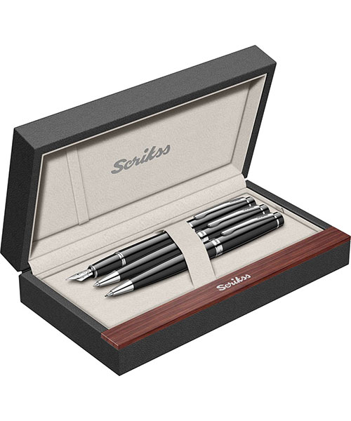 Scrikss Honour 38 Dolma Kalem - Tükenmez Kalem - Versatil Üçlü Set Siyah Krom