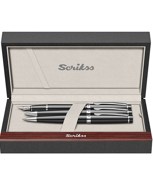 Scrikss Honour 38 Dolma Kalem - Tükenmez Kalem - Versatil Üçlü Set Siyah Krom