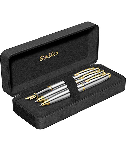 Scrikss Knight 88  Dolma Kalem - Tükenmez Kalem - Versatil Üçlü Set Gold Krom