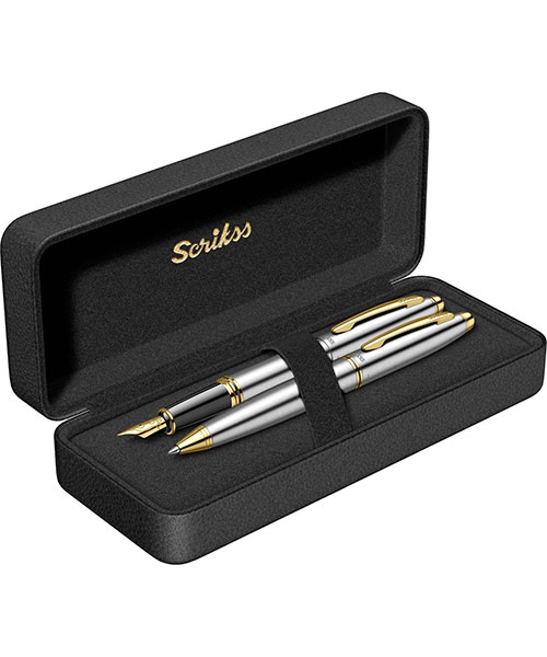 Scrikss Knight 88 Dolma Kalem - Tükenmez Kalem İkili Set Gold Krom