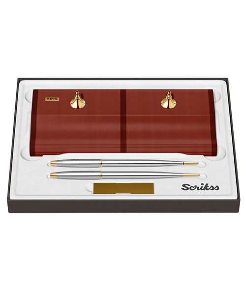 Scrikss Masa Takımı Mat Sapeli Ağacı 17 Dolma Kalem - Tükenmez Kalem Gold Krom