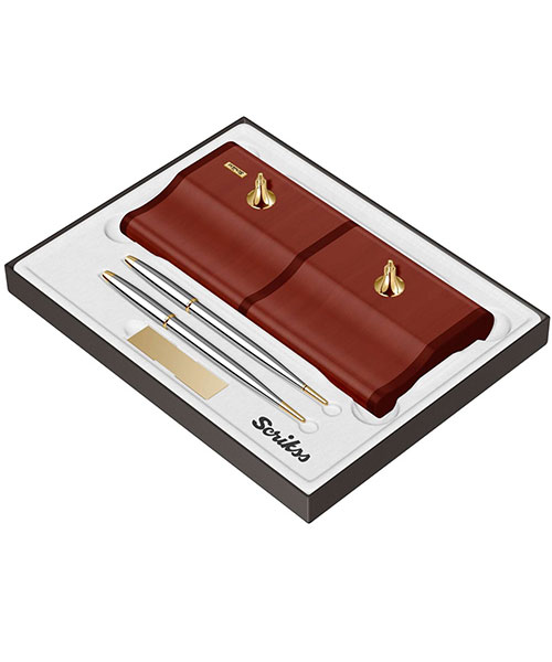 Scrikss Masa Takımı Mat Sapeli Ağacı 17 Dolma Kalem - Tükenmez Kalem Gold Krom