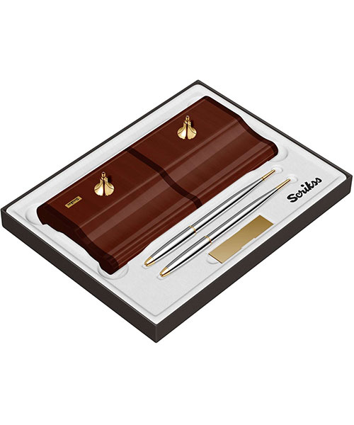 Scrikss Masa Takımı Parlak Ceviz Ağacı 17 Dolma Kalem - Tükenmez Kalem Gold Krom