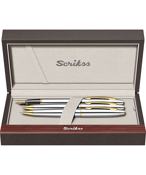 Scrikss Noble 35  Dolma Kalem - Tükenmez Kalem - Versatil Üçlü Set Gold Krom