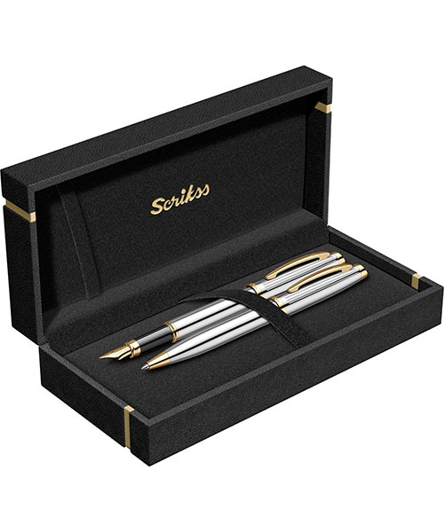 Scrikss Oscar 39 Dolma Kalem - Tükenmez Kalem İkili Set Gold Krom